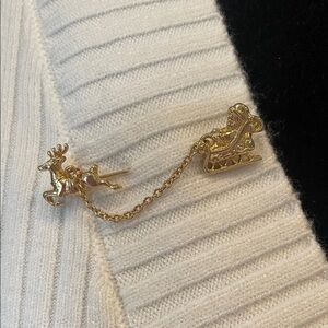 Gold Reindeer and Sleigh Brooch